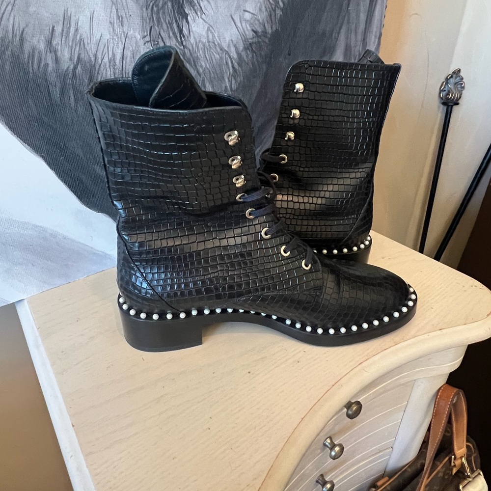Stuart Weitzman Black Croc-Embossed Pearl-Trim Lace-Up Boots - Picture 2 of 6